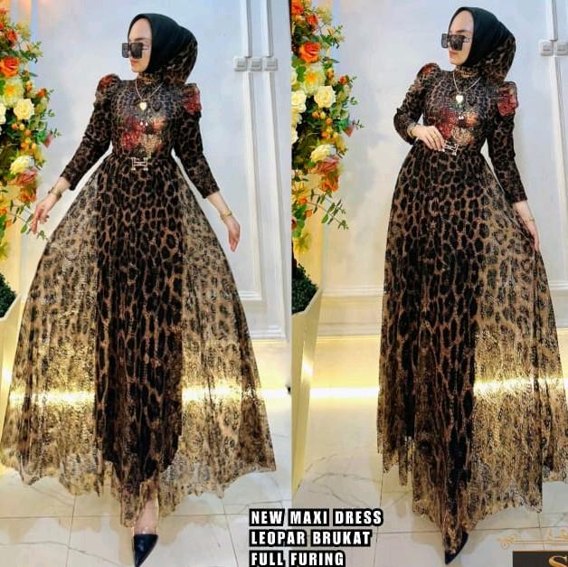NEW SHR ORI DRESS MAXI GAMIS LEOPARD BRUKAT FULL FURING SYAHIRA