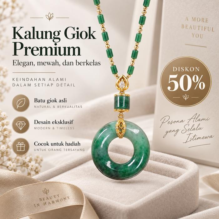 Kalung Wanita Liontin Cincin Damai Model Giok Imitasi, Desain Mewah Elegan Rantai Kombinasi Hijau Em