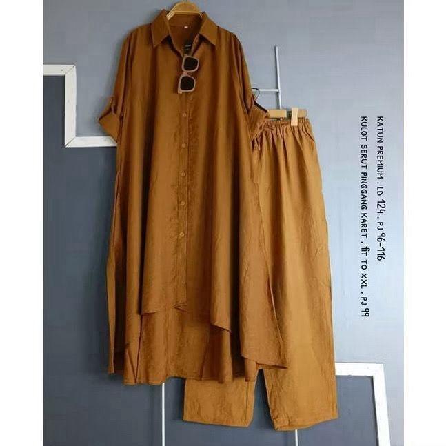 Lea Abaya Tunik Setelan Atasan + Kulot Katun Premium Wanita Muslim Kekinian One Set Jumbo LD 126cm /