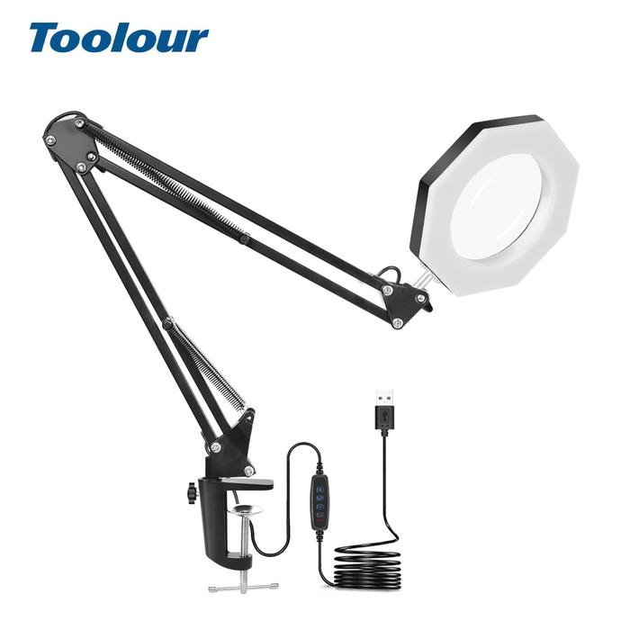 Toolour Desk-Top Clamp Kaca Pembesar LED USB 5X Kaca Pembesar Menyala
