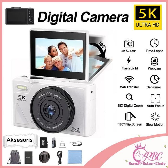 Geva Penjual Lokal 5K Kamera Digital Wifi 75Mp Zoom 18X Layar Swafoto Flip 180° Video Vlog Dslr Trav