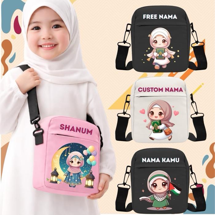 Tas Selempang Anak Perempuan Islami | FREE Nama | Tas Anak Perempuan Lucu | Cocok Untuk Hadiah & Kad