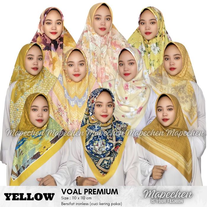 Edisi Yellow - Hijab VOAL MOTIF PREMIUM Jilbab Lemon Lime Mustard Kuning Kunyit Segiempat LaserCut