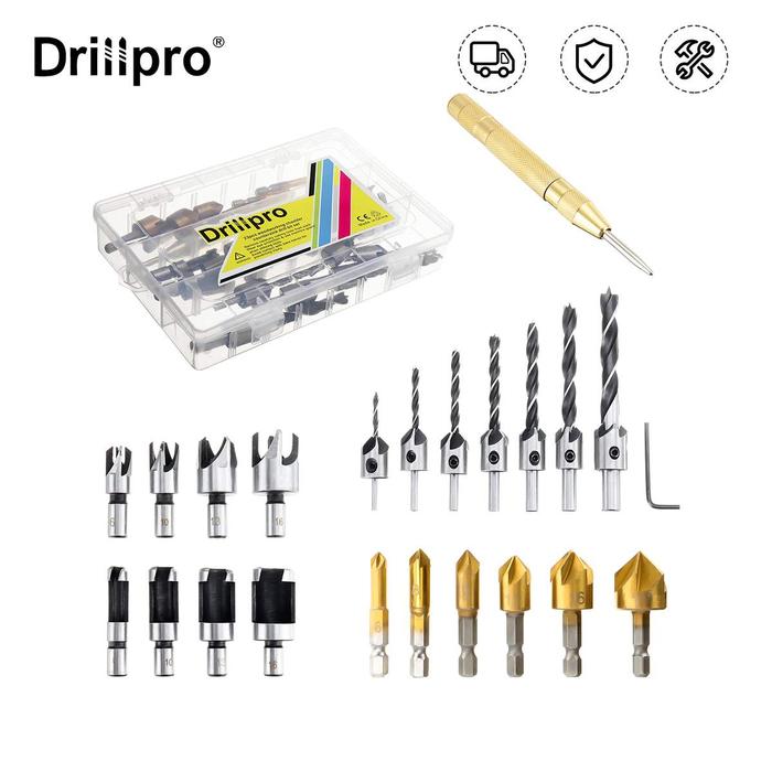 Drillpro 23 Buah Set Mata Bor Countersink Chamfering Kayu Bor 5 Flute
