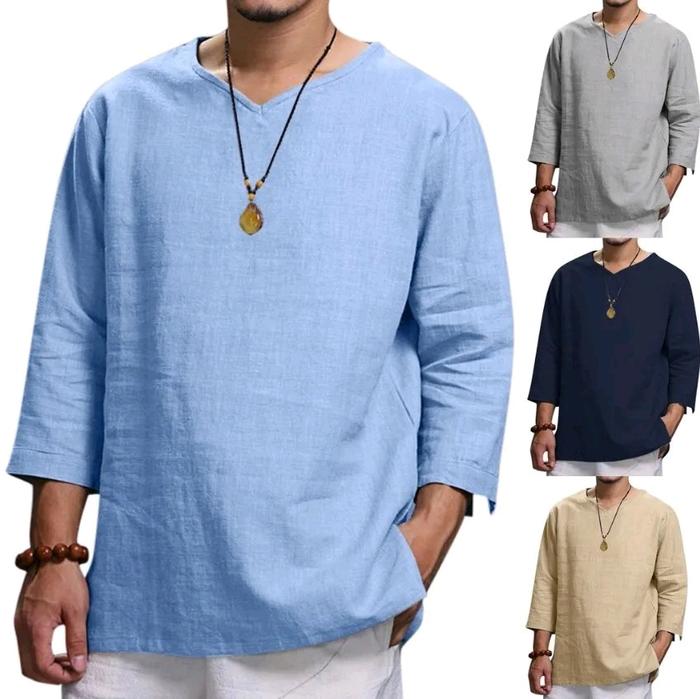Baru Pria V Leher Katun Linen T-Shirt Pria Bernapas Warna Solid Lengan Panjang Kasual Longgar Linen