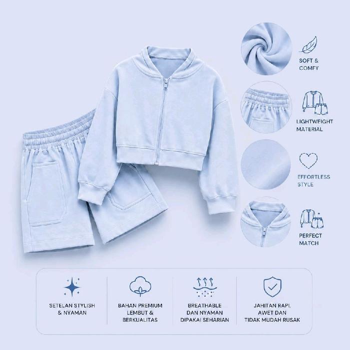 Lucear Crop Jacket & Shorts Set Jaket Hoodie Zipper Croptop Wanita Bahan Cotton Blend Fleece Lembut 