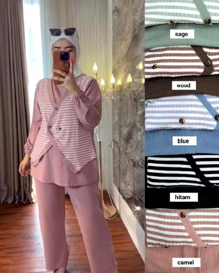 ONE SET KNIT SALUR MIX RAJUT POLOS SETELAN INNER GARIS - GARIS CELANA SNOW RIB TERBARU ONESET ROMPI 