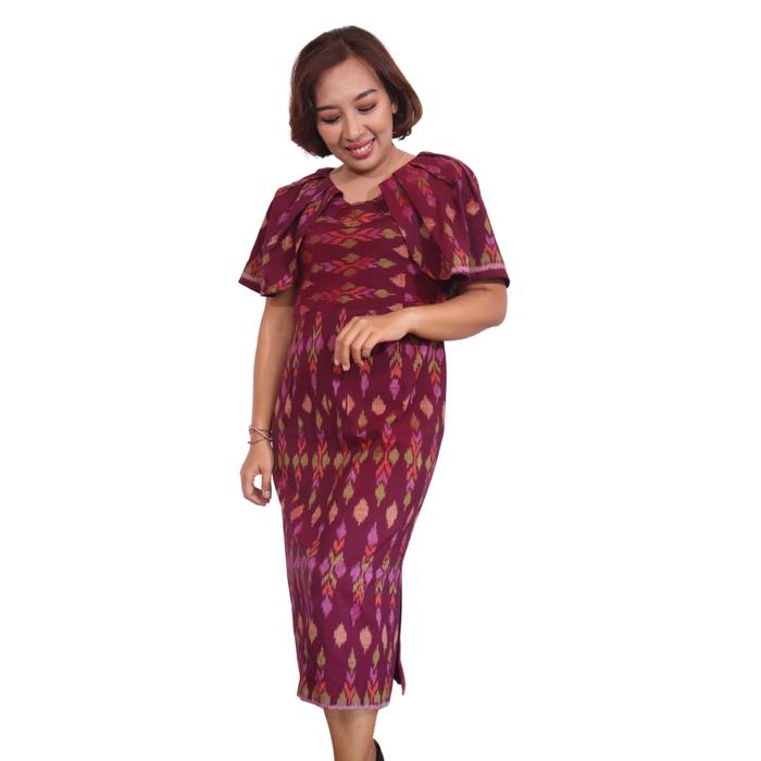 Dress Elegan Tenun Ikat Endek Bali, Dress Pesta Tenun, Dress Formal Cantik, Dress Merah Tenun Ikat B
