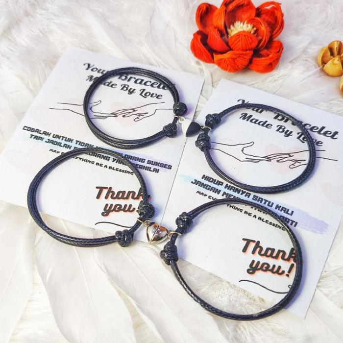 Gelang Pasangan Magnet Love | Gelang Couple Magnet Hati | Tali Korea Hitam 2mm | Gelang Couple Magne