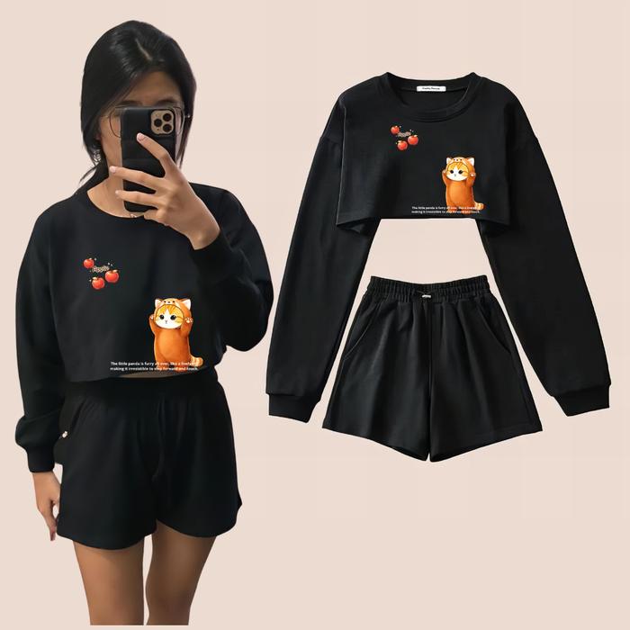 Choice Ali - Setelan Crop Lengan Panjang Plus Hotpants Cat Panda