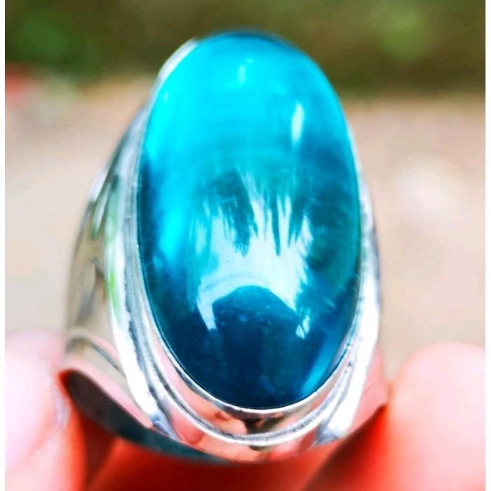 Batu Cincin Akik Pandan Biru Suji Polos Kristal Ring Stainless Anti Karat