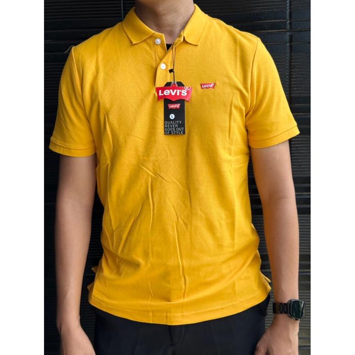Baju Distro Style Polo Kerah levis + Lengan Text Hitam Kaos Polo T Shirt Denim Premium Quality Atasa