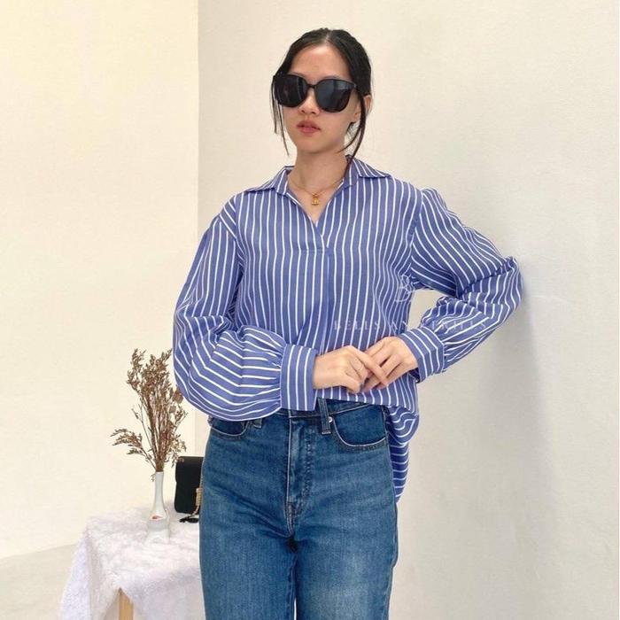 VIOLETA Kemeja Stripes Salur / Blouse Wanita Cotton Casual Look / Atasan Kemaja Kantor 0319-Stripes