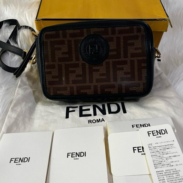 Authentic Fendi Camera Bag Sling Bag Zucca Black Brown