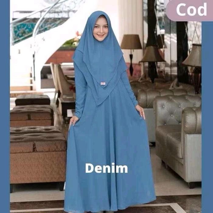 Mayra -  FREE HIJAB Gamis syari 2 layer S M L XL 2XL 3XL jumbo muslim wanita warna biru blue denim