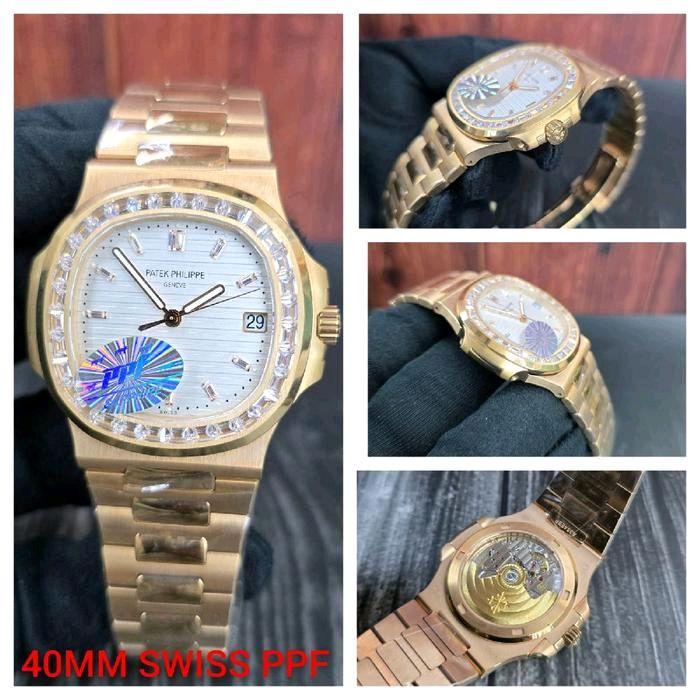 Jam Tangan Patek Philippe Nautilus 5711 Diamond Swiss PPF Automatic Movement Gold Dial White