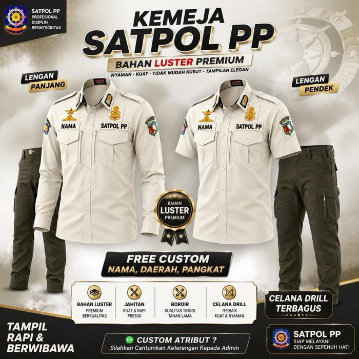 Kemeja Pol Pp Cream Luster + Celana/Seragam Satpol Pp Lengkap/Kemeja Pol Pp Pria Wanita Custom Atrib