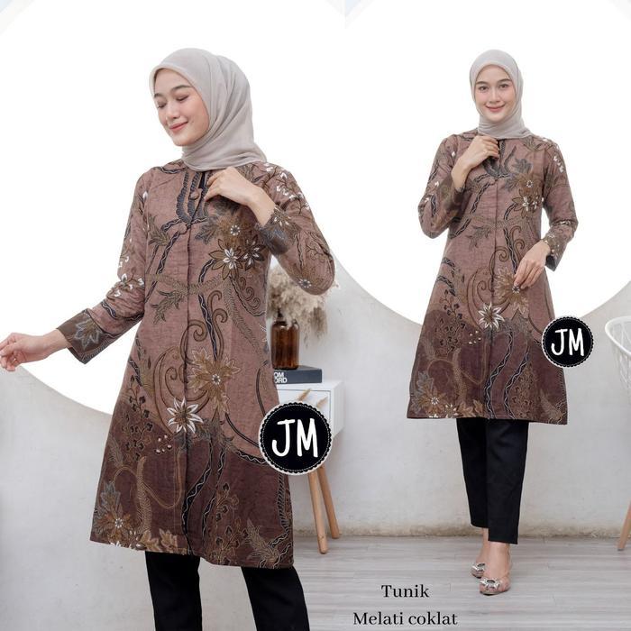 Batik Couple Motif Melati coklat model tunik Kancing Seragam