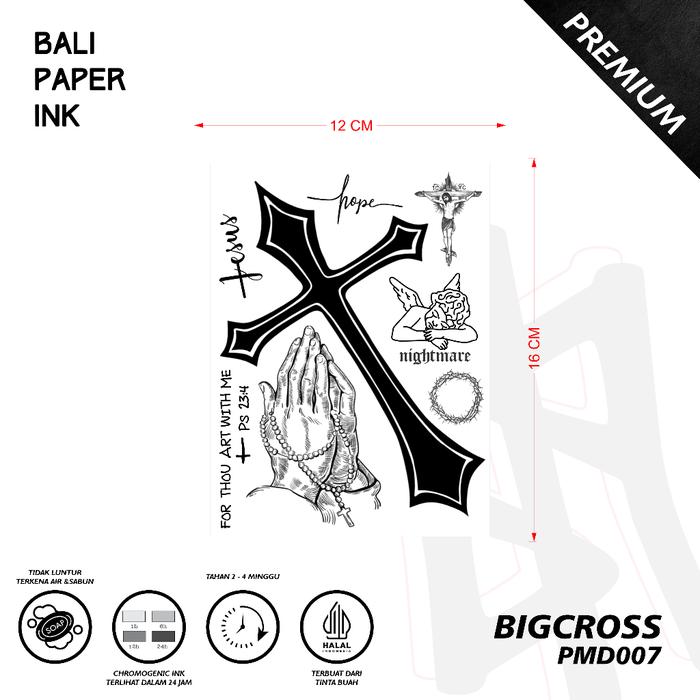 Terbaru Laris! PMD007 Big Salib Premium Bali Paper Ink Tato Temporer Semi Permanen Tahan 3 Minggu Te
