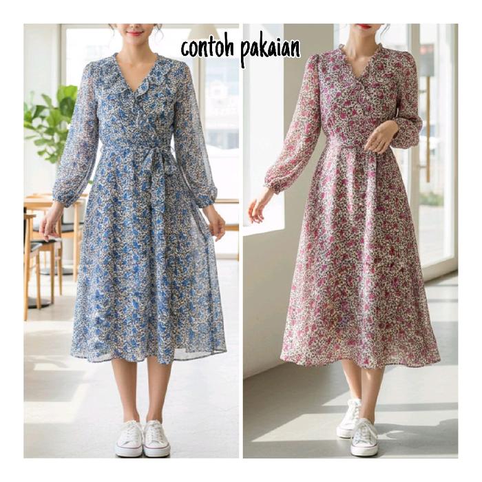Kain Sifon Yoryu Glitter Crinkle Premium Meteran Motif Floral Bunga Pink Biru Tabur - Bahan Dress Bl