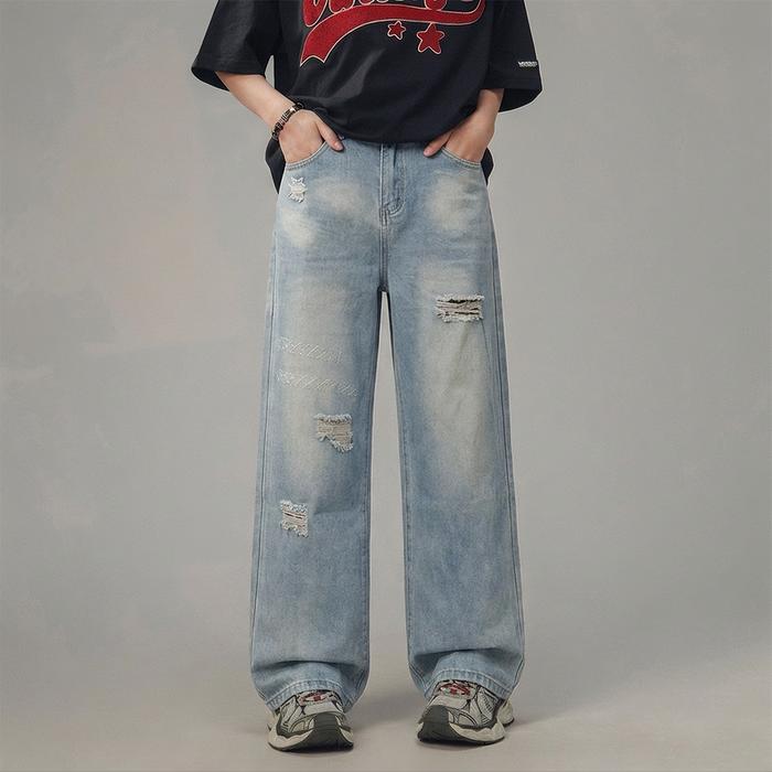 Celana Jeans Pria Baggy Wide Leg Sobek Fashion Casual Streetwear, Jeans Longgar Trendy