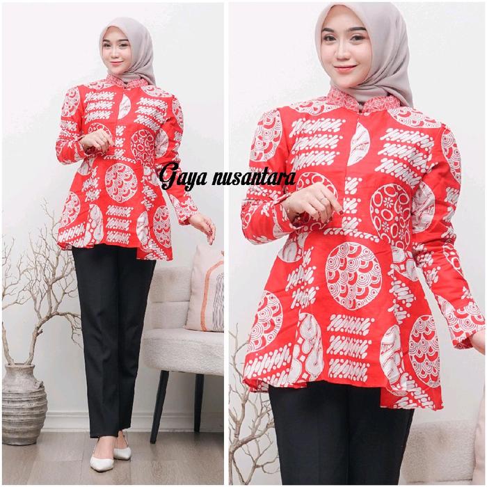 blus batik kombinasi - blus merah putih - blus batik - atasan wanita - blus jumbo