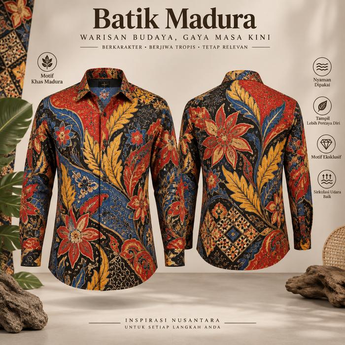 Kemeja Batik Pria Lengan Panjang Motif 3D Madura Warna Navy Merah dan Kuning, Potongan Regular Fit d