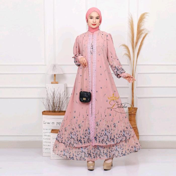Delisha - Arrumi Dress / Gamis Pink Ceruty Baby Doll Premium Berfuring Mewah Busui