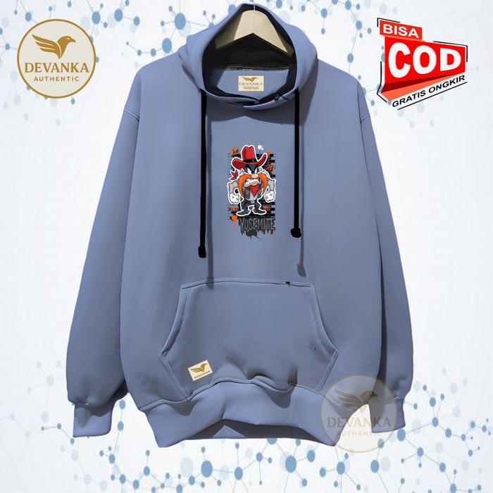 Sweater Hoodie Cowok/cewek Warna Denim Bahan Kain Flecee Lembut Nyaman Dengan Motif Sablon yosemite