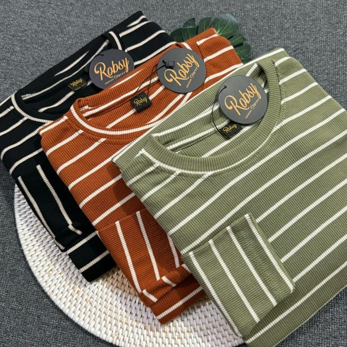 3 Pcs Kaos Rib Salur Lengan Panjang/Kaos Wafer Salur Lengan Panjang/Kaos Stripe Lengan Panjang - Sal