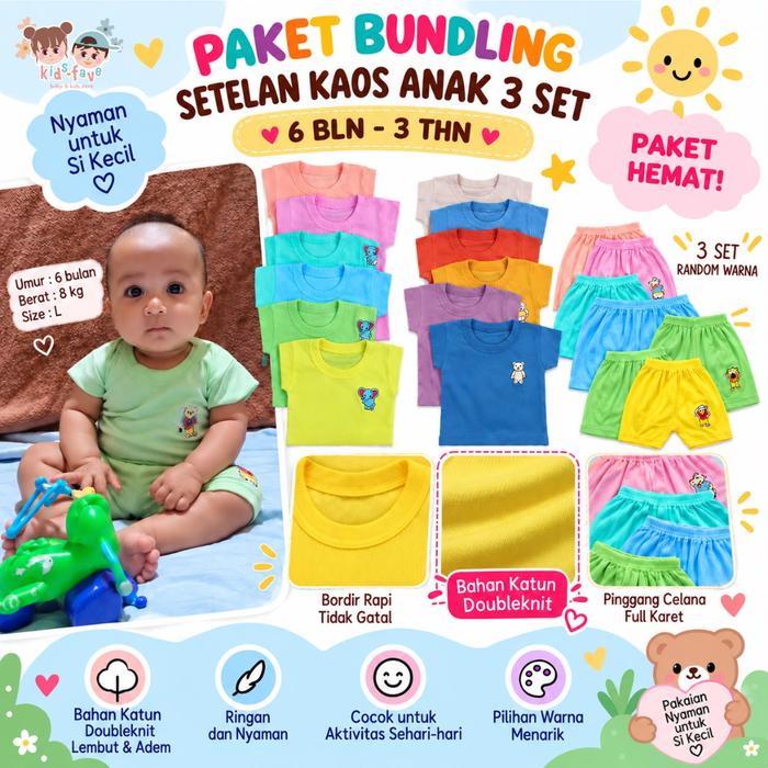 PAKET BUNDLING 3 PCS SETELAN ANAK BAYI RANDOM 0-3 TAHUN BAJU KAOS CELANA PENDEK CESSA NESSA Katun Pe