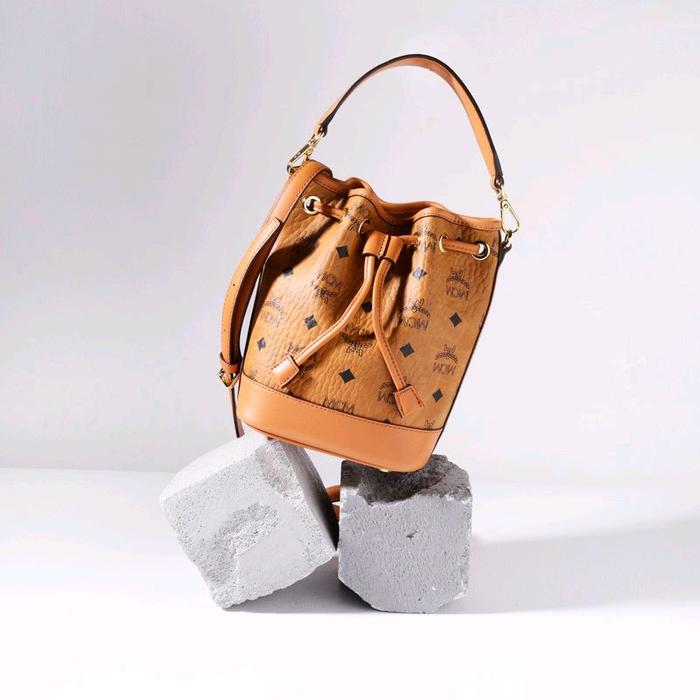 MCM Mini Dessau Drawstring Bag in Cognac Nappa Leather