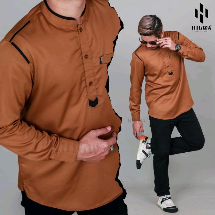 HILWA OFFICIAL Baju Koko Hilwa Mocca Motif Hazard Series Kemeja baju Melayu pria premium sragam hadr