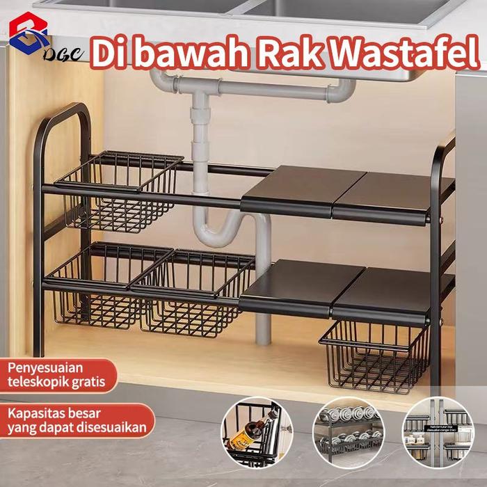 DGC Rak Bawah Wastafel Rak Panci Rak Penyimpanan Dapur Rak Bumbu Dapur Portable Stainless
