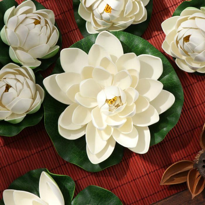 6PCS Floating Plants Water Lily White Artificial Lotus Flower Leaf