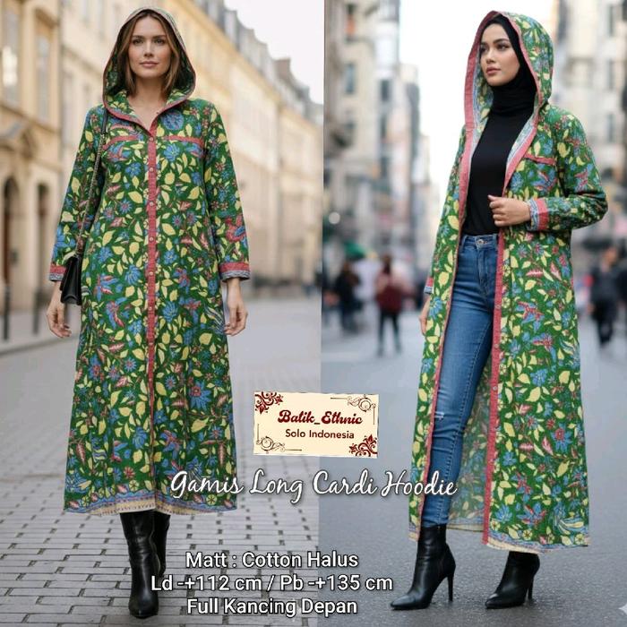 Batik Ethnic Gamis Green Long Cardi Hoodie Full Kancing Depan