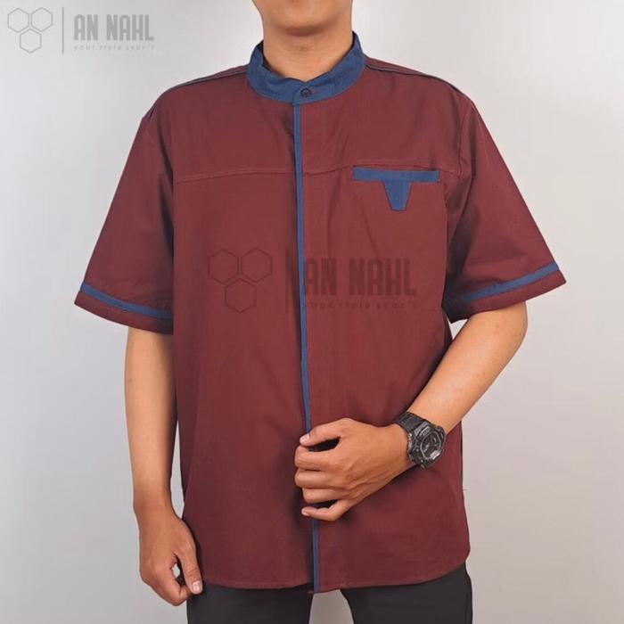 Koko Kurta Pria Lengan Pendek Baby kanvas Maroon Strip Navy