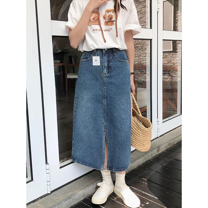 Rok Jeans High Waist Wanita Denim Panjang Belah Samping Tears Baggy 023 - Celana Panjang Berhijab Lu