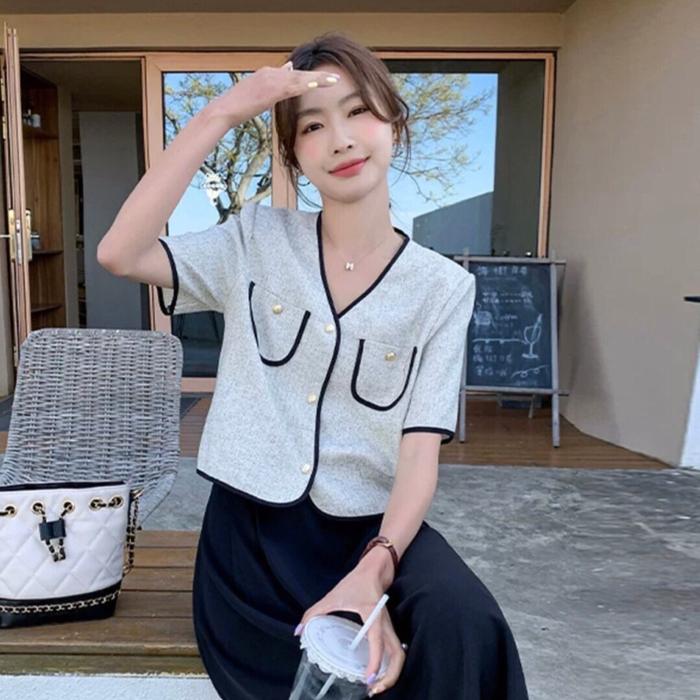 KEMEJA TWEED LENGAN PENDEK/ SHORT SLEEVE TWEED TOP BRAND HELLO IMPORT BANGKOK #50239 - YUKITA CLOTHI