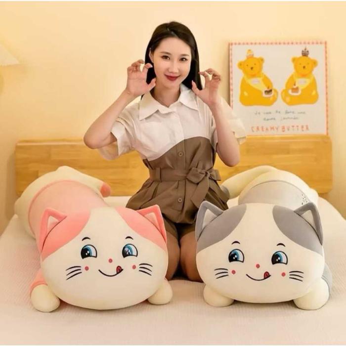 Bantal Guling Kucing Lying Jumbo Bahan Plush Premium Isi Dacron Murni SNI