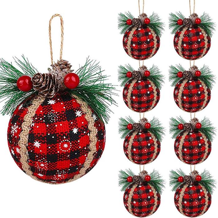 9PCS Christmas Plaid Ball Ornaments - 3 Inch Red Buffalo Plaid Fabric