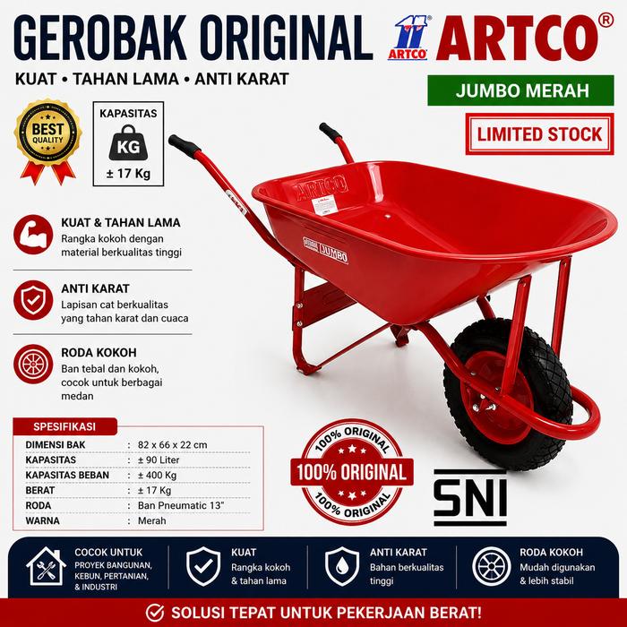 [INSTANT] Artco Gerobak Sorong Dorong Pasir Cor Jumbo Merah HSS-550SE Set Baja Kapasitas 6.0 Kubik R