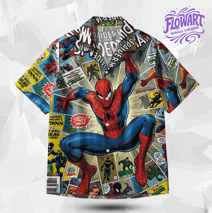 FLOWART Kemeja Motif Spider-Man Comic - Kemeja Unisex Spiderman Casual | FA314