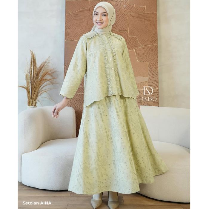 Disiko Set AINA Setelan Kemeja & Rok Bahan Katun Bordir Bolong Dengan Furing Pakaian Pesta Mewah Ele