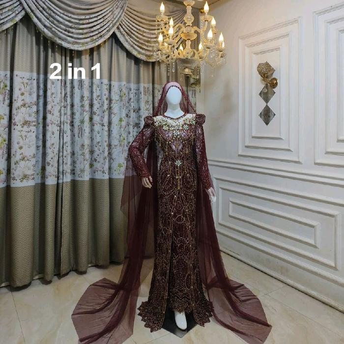 Kebaya Pengantin Akad Pernikahan Syari Full Payet Ekor Panjang Berpuring Belakang Resleting Dress G