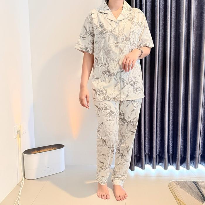 FUMIWEAR Daun Piyama Set Baju Tidur Wanita Dewasa Kancing Lengan Pendek Celana Panjang Katun Organik
