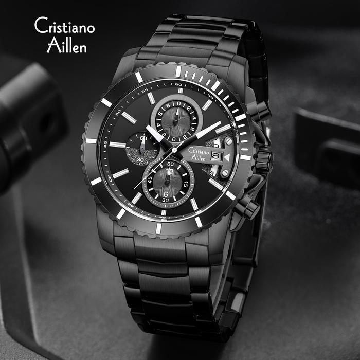 Cristiano Aillen Jam Tangan Pria Analog CA 8898 ST Stainless Steel Chronograph Kaca Sapphire Water R