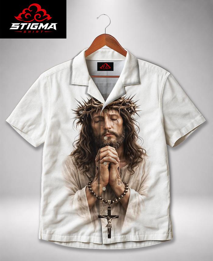 STIGMA Kemeja Distro Printing Motif Yesus Berdoa Mahkota Duri Rosario Kerah Pantai Kemeja Premium Ad