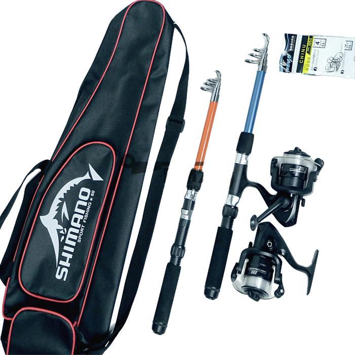 new - 2 set joran pancing antena fiber 1,5 meter dan reel 5bb bonus tas kekuatan 3-5 kg ikan mancing