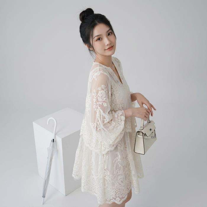 Joca - Gaun Vessa Loose Dress Fashion Wanita Casual Embroidered Silk Organza Bordir Floral Inner Cam